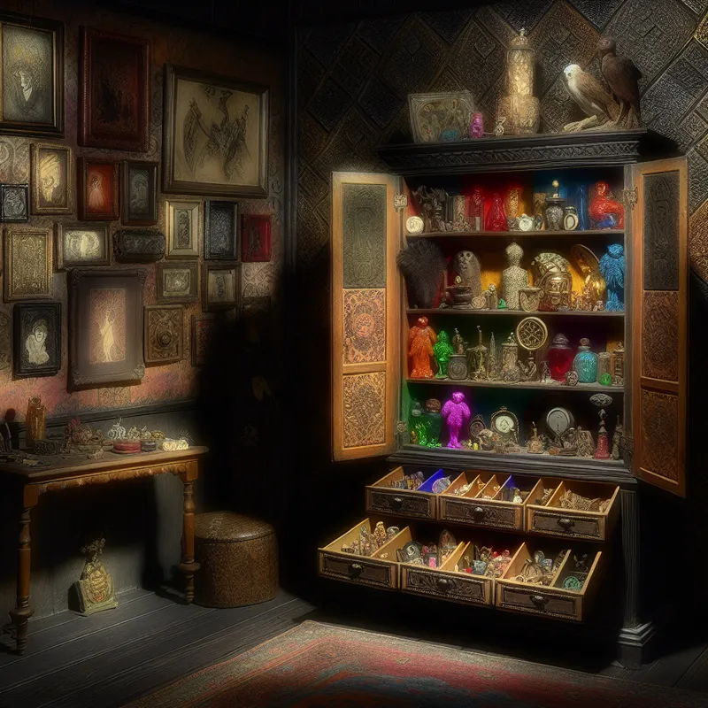 Een vintage kabinet gevuld met kleurrijke souvenirs en decoratieve items, met een open deur die unieke schatten onthult.
