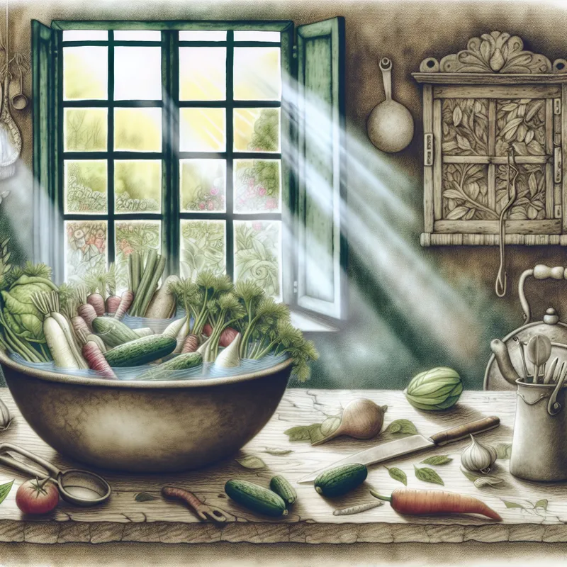 Nostalgische illustratie van een vintage keuken met groenten in een kom water op een houten tafel.