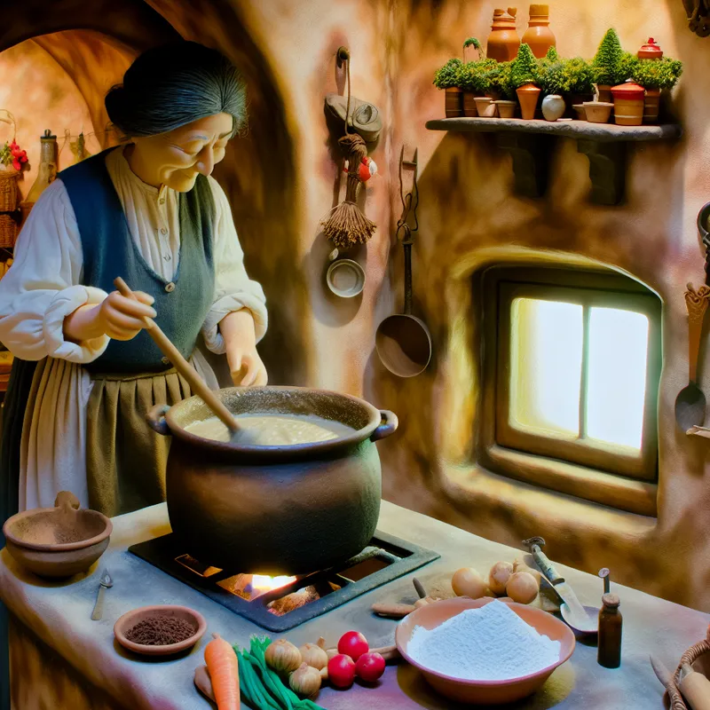 Een vrolijke kok in een vintage keuken maakt een saus dikker op het fornuis, omringd door kleurrijke ingrediënten.