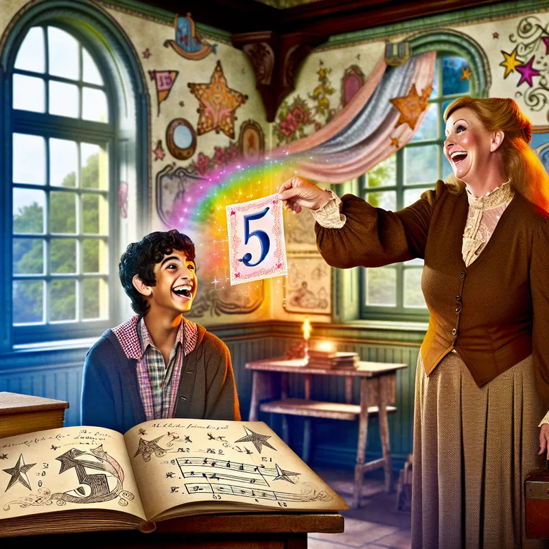 Een blije leraar met een kleurrijk papier met het cijfer '5' in een vintage klaslokaal met illustraties van sterren en boeken.