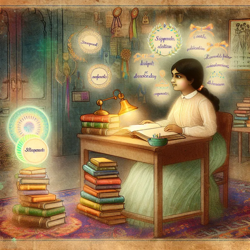 Een nostalgische illustratie van een vintage klaslokaal met een studerende leerling omringd door boeken en kleurrijke diagrammen, die gefocust studeert.