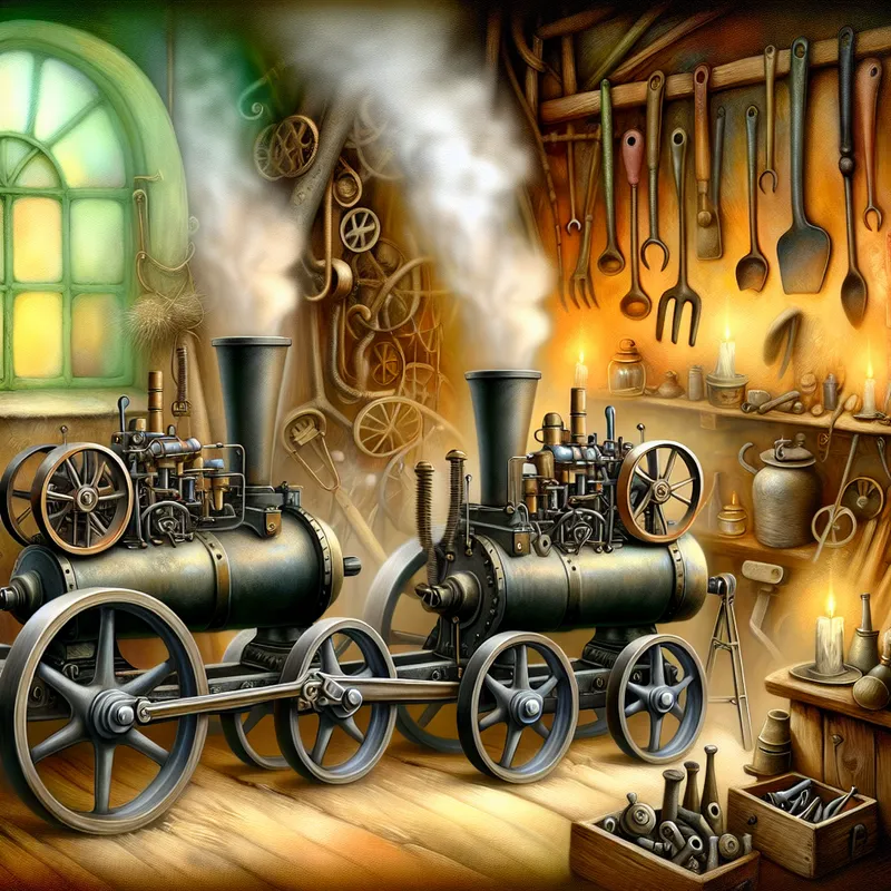 Twee vintage machines verbonden door een robuuste koppeling in een gezellige workshop met antieke gereedschappen