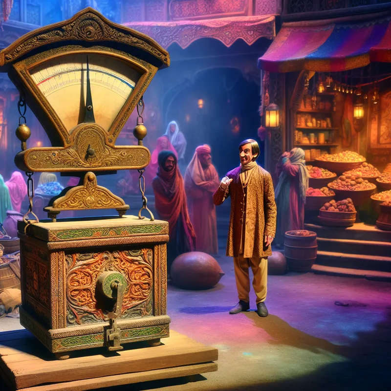 Persoon in vintage kleding weegt een grote, versierde houten doos op een antieke schaal in een levendige markt