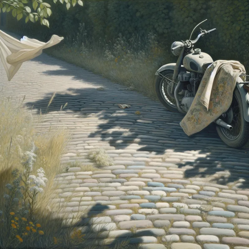 Een vintage motorfiets geparkeerd op een oude straat, omgeven door wilde bloemen en gras.