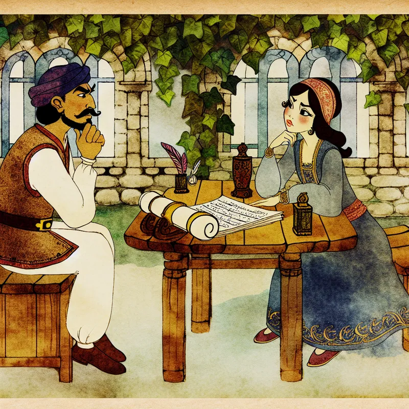 Een vintage onderhandeling tussen twee personages in een sprookjesachtige tuin, één is diep in gedachten terwijl de ander aandachtig luistert.