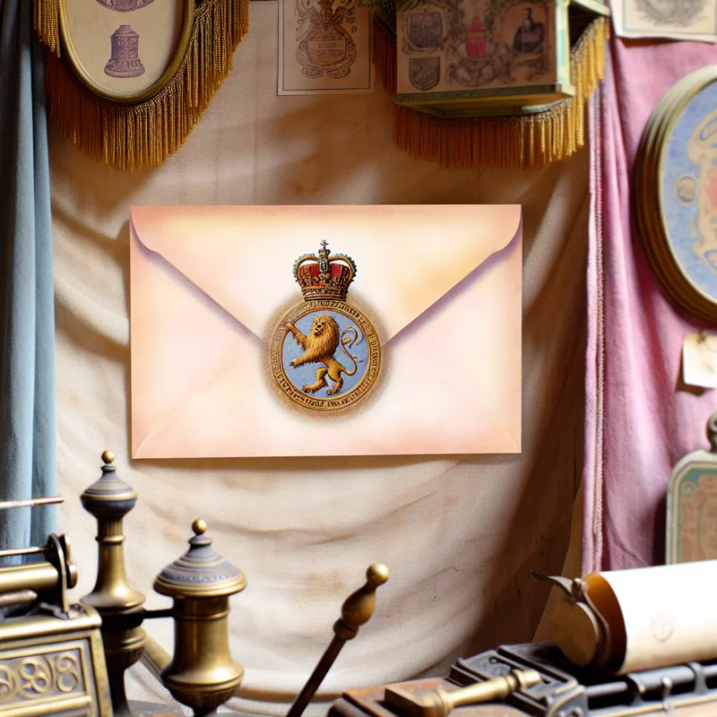 Een nostalgische scène in een vintage postkantoor met een eleganten enveloppe en een koninklijk embleem van een leeuw en kroon.