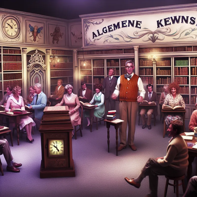 Een vintage quiz show in een knusse kamer, met een quizmaster en enthousiaste deelnemers van alle leeftijden rondom een groot bord met 'Algemene Kennis'.