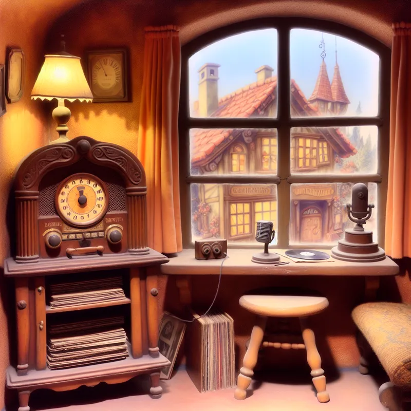 Een oude radio in een romantisch ingerichte ruimte met retro apparatuur, met zicht op een pittoresk dorpje.