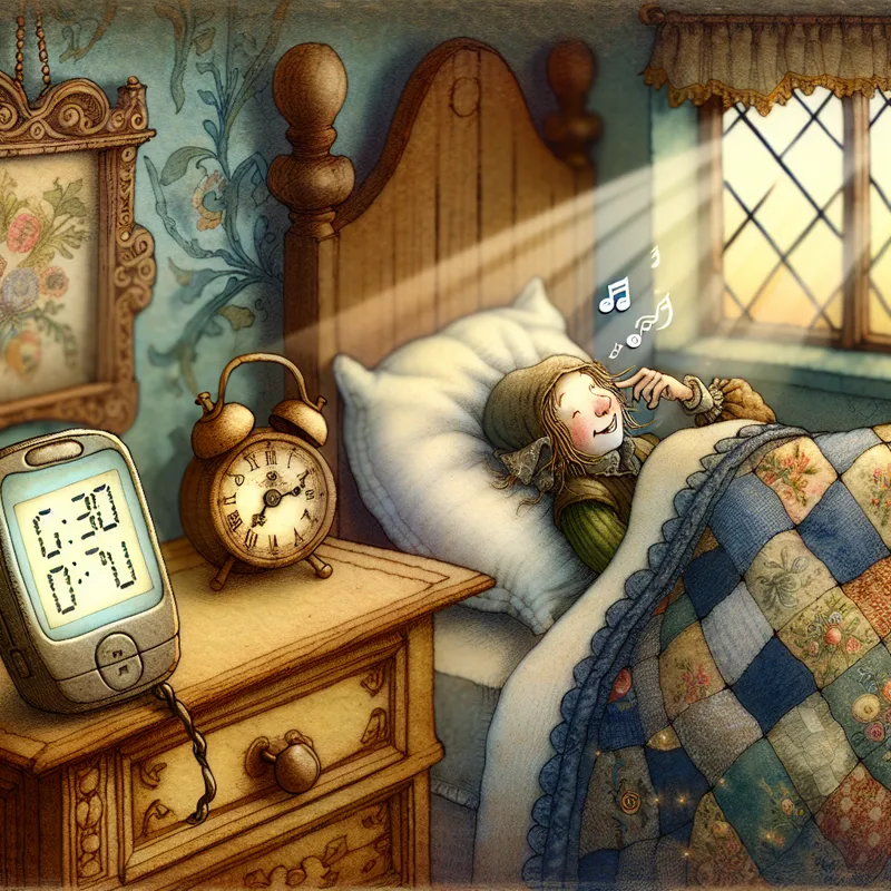 Sfeervolle vintage slaapkamer bij zonsopgang met een smartphonewekker die afgaat naast een opwindwekkertje, met een slaperig persoon die de wekker uitschakelt