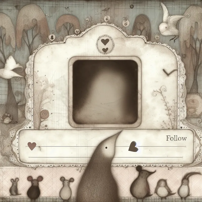 Een vintage-stijl sociale media interface met een grote profielkaart en illustraties van een muis, konijn en uil die verschillende emoties uitdrukken.