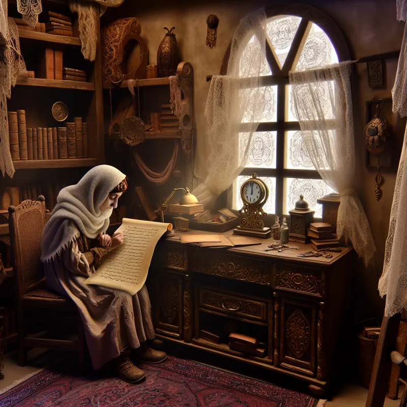 Een jongere zit aan een houten bureau in een gezellige studeerkamer, verdiept in een geschiedkundevragenlijst. Achtergrond met oude boeken en een vintage klok.