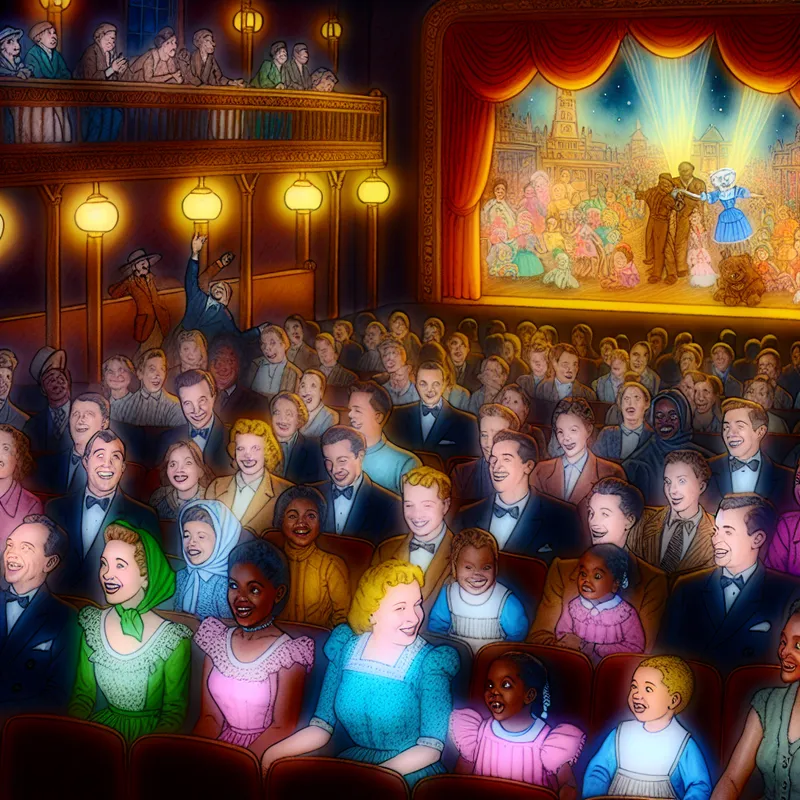 Een druk vintage theater uit de jaren vijftig met een betoverde publieksgroep die naar een kleurrijke film kijkt.