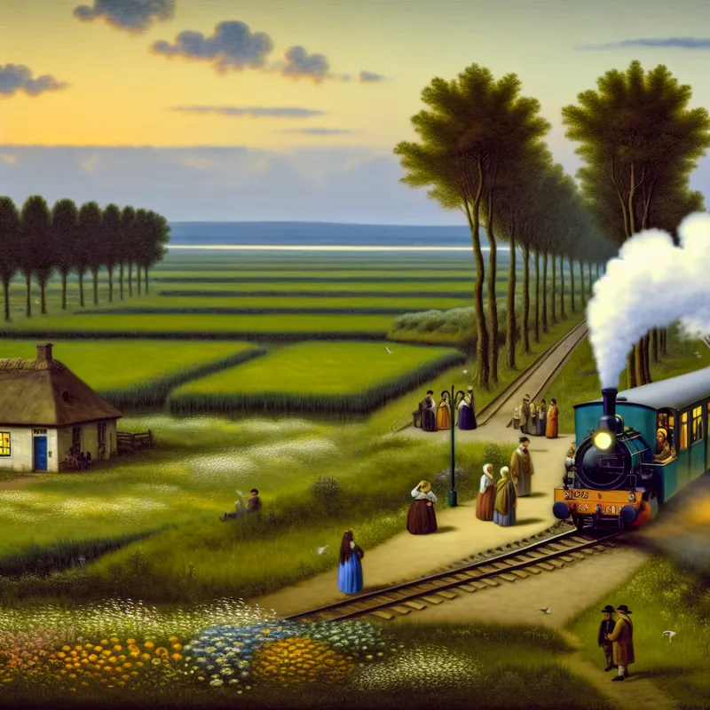 Een vintage trein die langzaam door het platteland rijdt, omgeven door groene velden en wilde bloemen, met een rustieke station op de achtergrond.