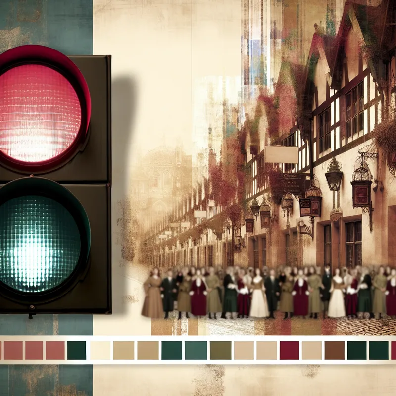 Een vintage verkeerslicht met een rode gloed, omringd door een oude straat en mensen, die symboliseert dat ze moeten stoppen.