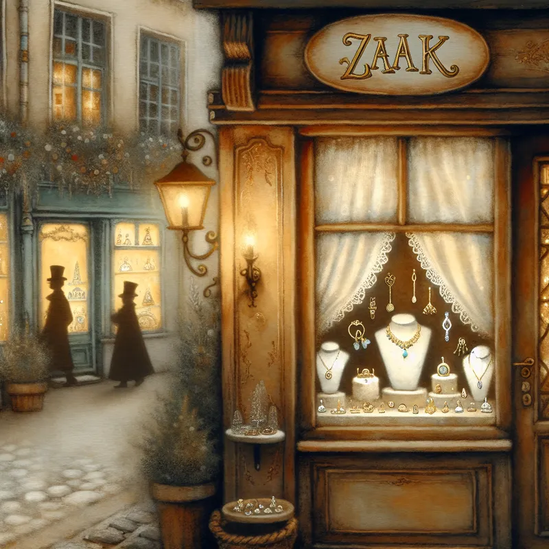 Sfeervolle vintage winkel met houten uithangbord 'Zaak' en vitrine vol handgemaakte sieraden in nostalgische straat