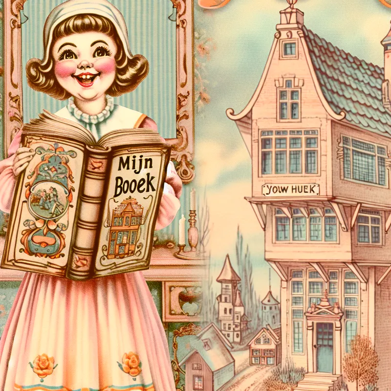 Een vrolijke persoon in een vintage woonkamer met een boek 'Mijn boek' en twee huizen op de achtergrond