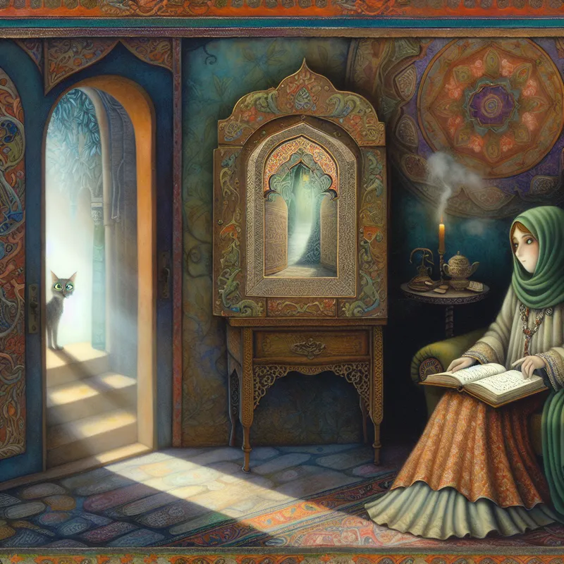 Een persoon zit in een vintage woonkamer op een comfortabele stoel en kijkt contemplatief naar een boek met een versierde kaft die een kronkelig pad toont dat in een mistig bos verdwijnt, terwijl een kat nieuwsgierig tevoorschijn komt.