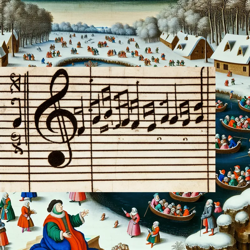 Gedetailleerde winterse taferelen met muzikant die een bladmuziek met vioolsleutel aanwijst aan omstanders op een bevroren kanaal