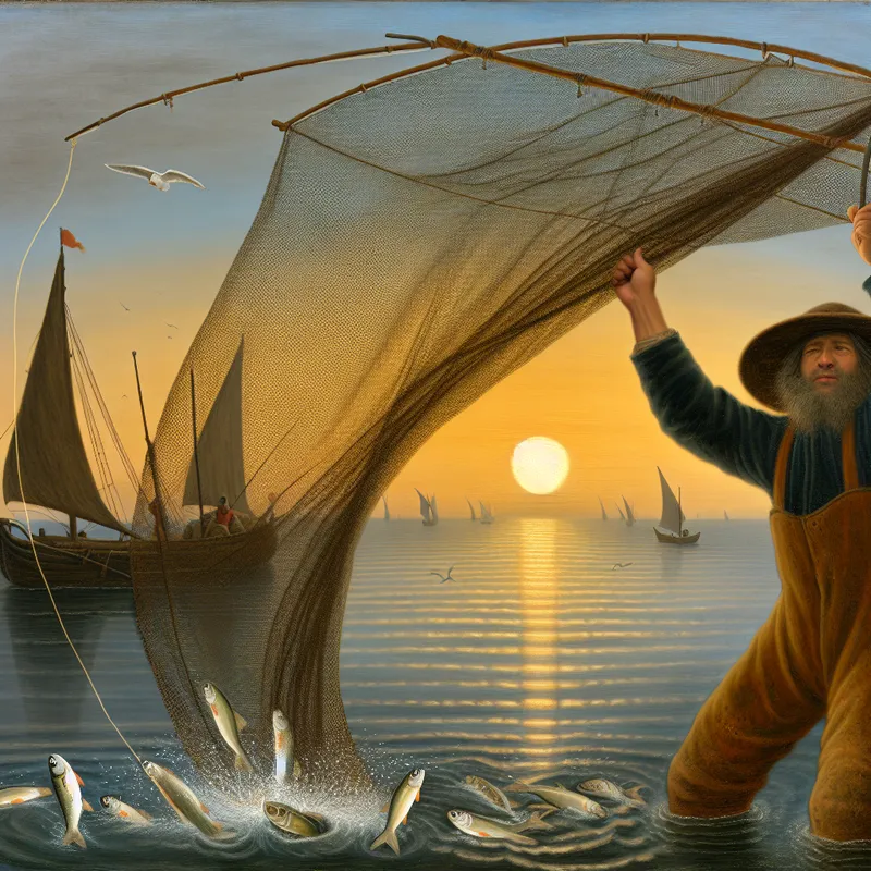 Een visser gooit een grote, ingewikkelde visnet in de kalme zee bij zonsopgang.