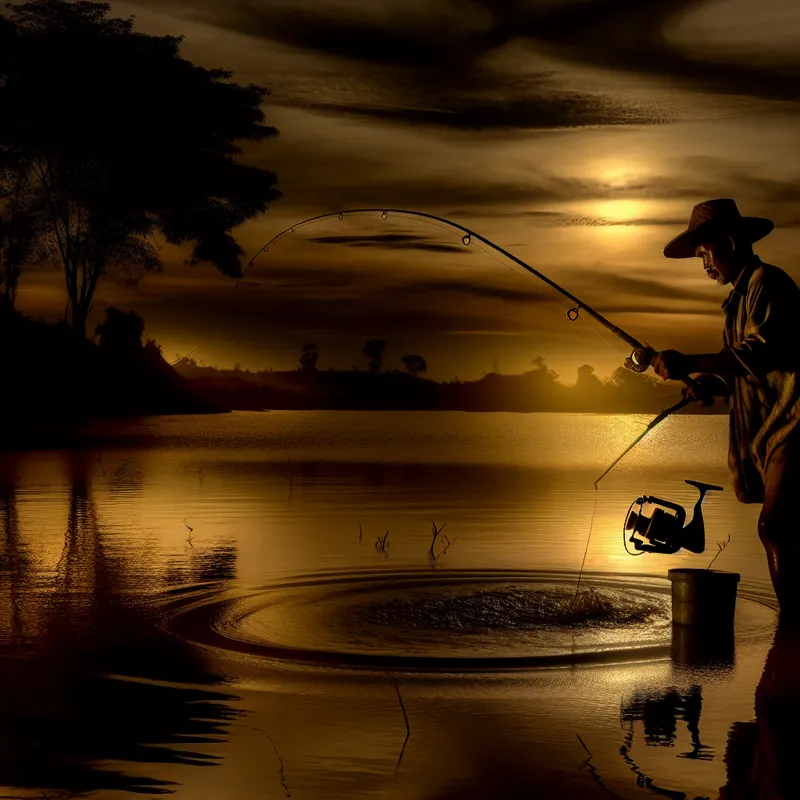 Een visser aan de oever van een kalm meer tijdens het gouden uur, die een glinsterende vislijn opwint met een grote vis.