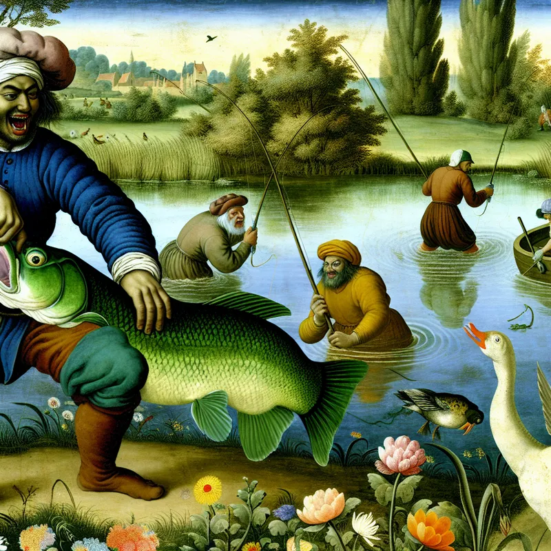 Een enthousiaste visser toont een grote groene zeelt vis die hij heeft gevangen in een rustige vijver, met op de achtergrond andere vissers en zwemmende eenden.
