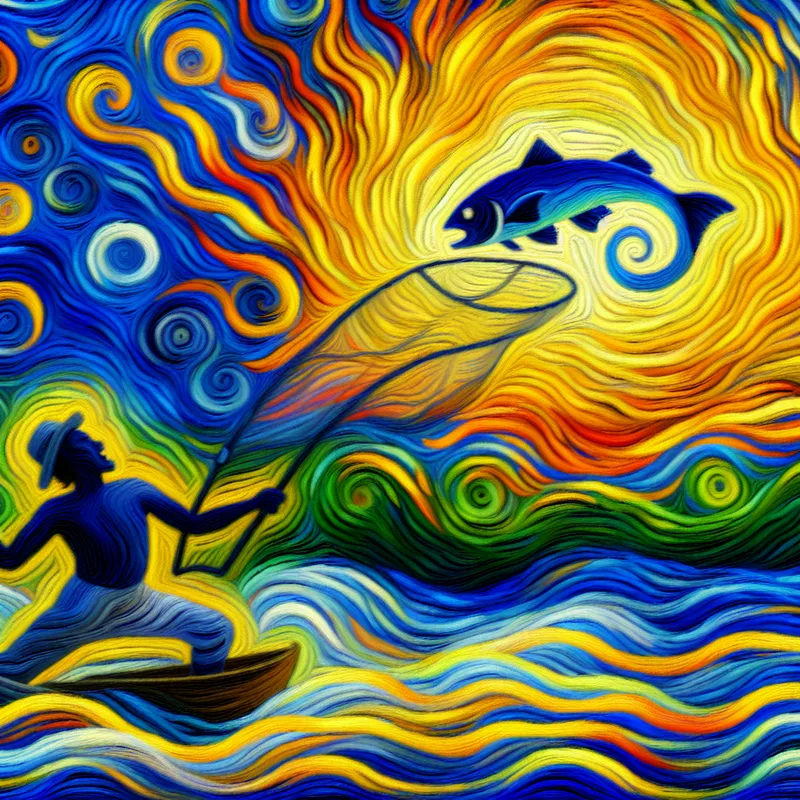 Fisherman casting a net into a swirling river with vibrant colors and fish splashing around.
