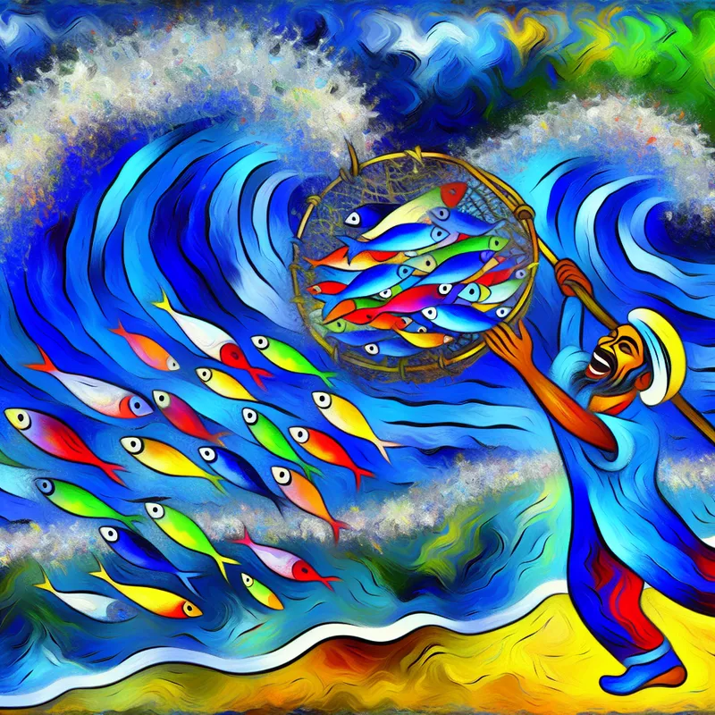 Vissersman haalt een net vol kleurrijke vissen uit het water met vrolijke emoties.