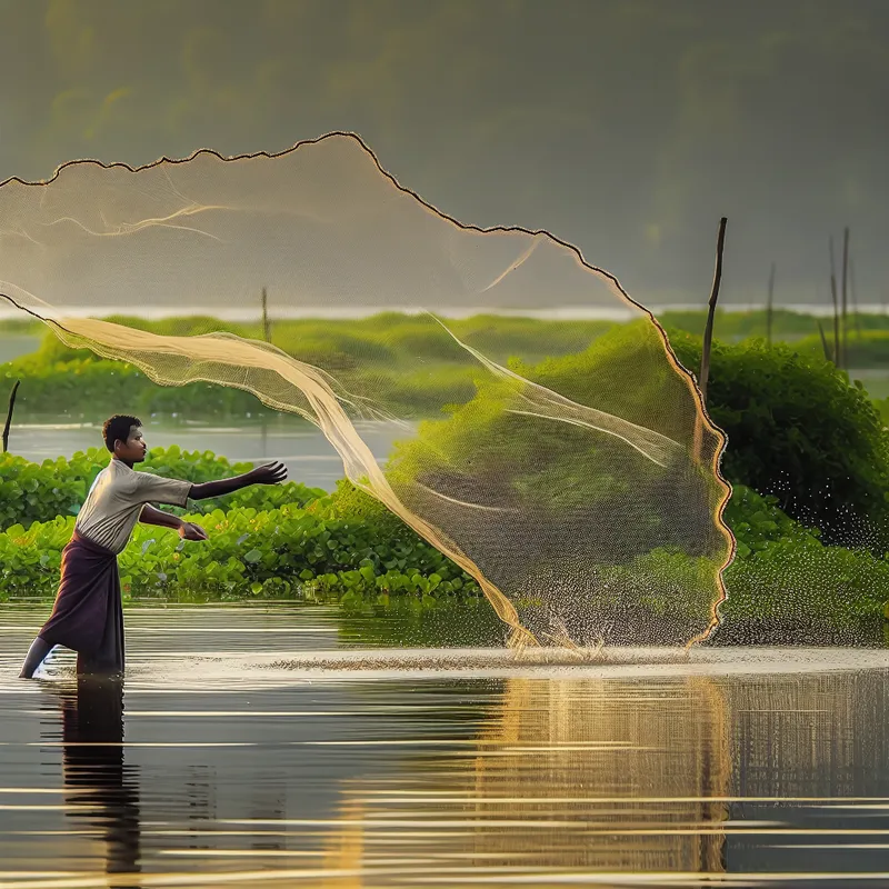Vissersman werpt een net in een rustige meer bij zonsopgang