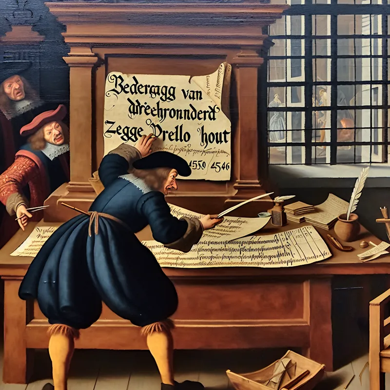 17e-eeuws Vlaams handelskantoor met koopman en koper aan een bureau