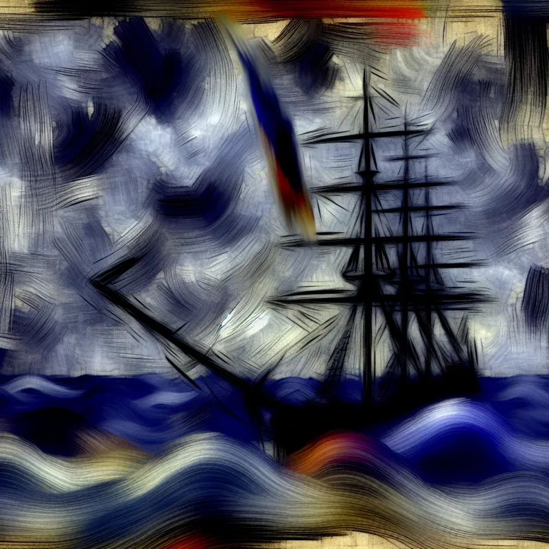 Abstract expressionistisch schilderij van een schip in nood op een stormachtige zee, waarbij de vlag wordt gestreken als teken van overgave