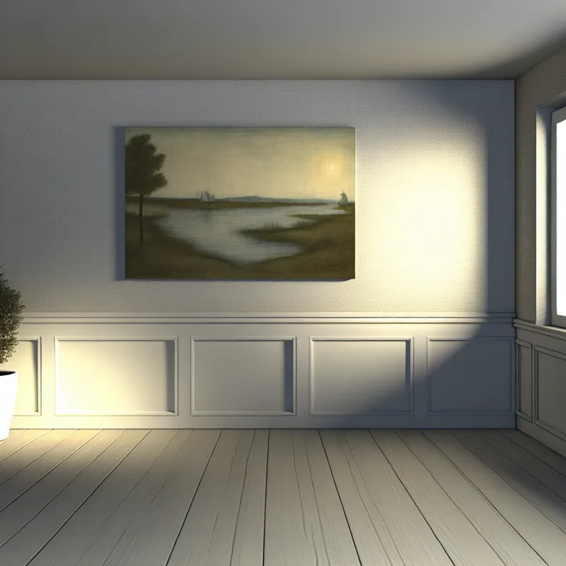 Een vlak schilderij in een serene kamer met diffuus licht, geïnspireerd door Johannes Vermeer.