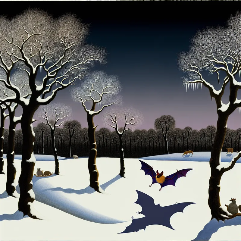 Vleermuis die elegant vliegt tussen sneeuwbedekte bomen bij schemering