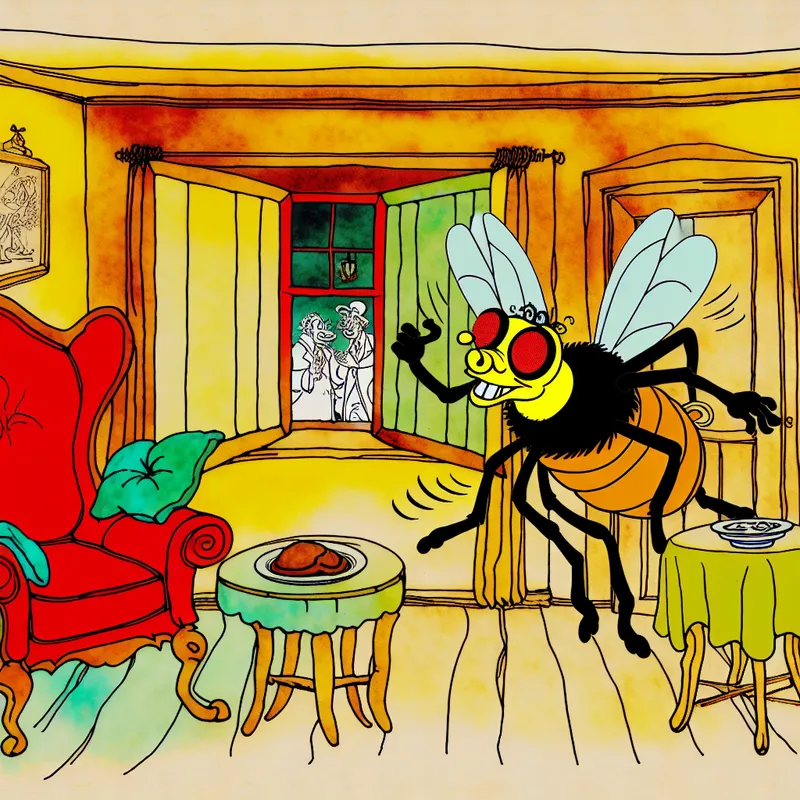 Een cartoonachtige vlieg die rondzoemt bij een open raam in een gezellige kamer vol kleurrijke meubels.
