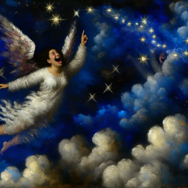Een persoon met kleurrijke vleugels vliegt vreugdevol door een sterrenhemel, omringd door wolken en sterren.