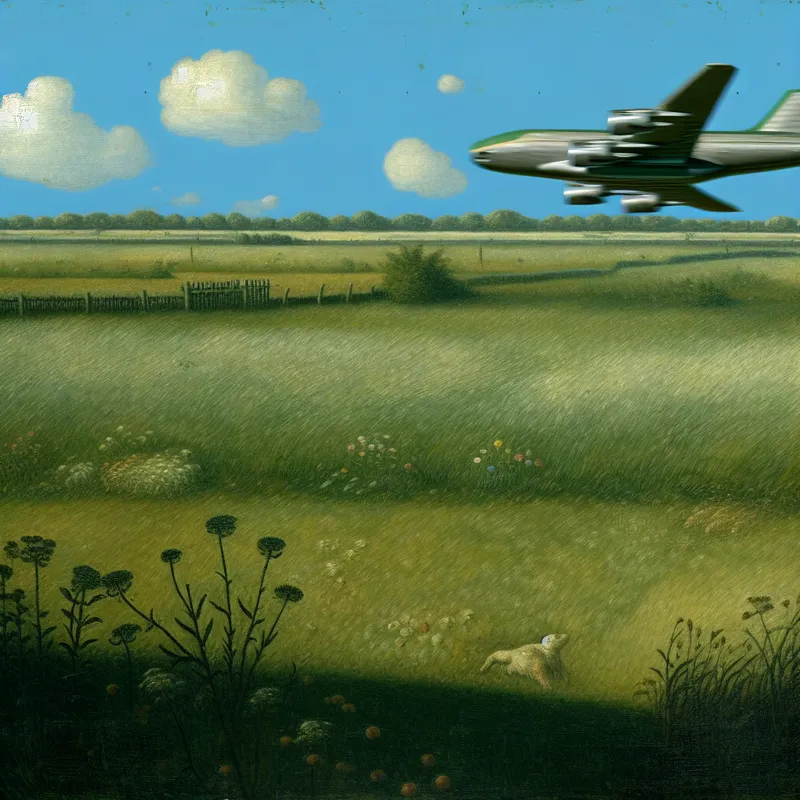 Een vliegtuig scheert laag over weelderige groene velden onder een heldere blauwe lucht.