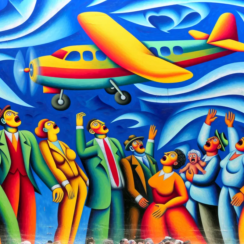 Een kleurrijk en dynamisch schilderij van een groot vliegtuig dat door de lucht zweeft boven een groep verbaasde toeschouwers. Hun gezichten tonen het gevoel van verwondering en opwinding.