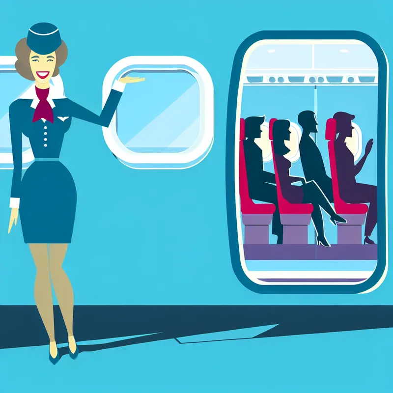 Vrolijke stewardess verwelkomt passagiers bij de wand van een vliegtuig in minimalistische stijl