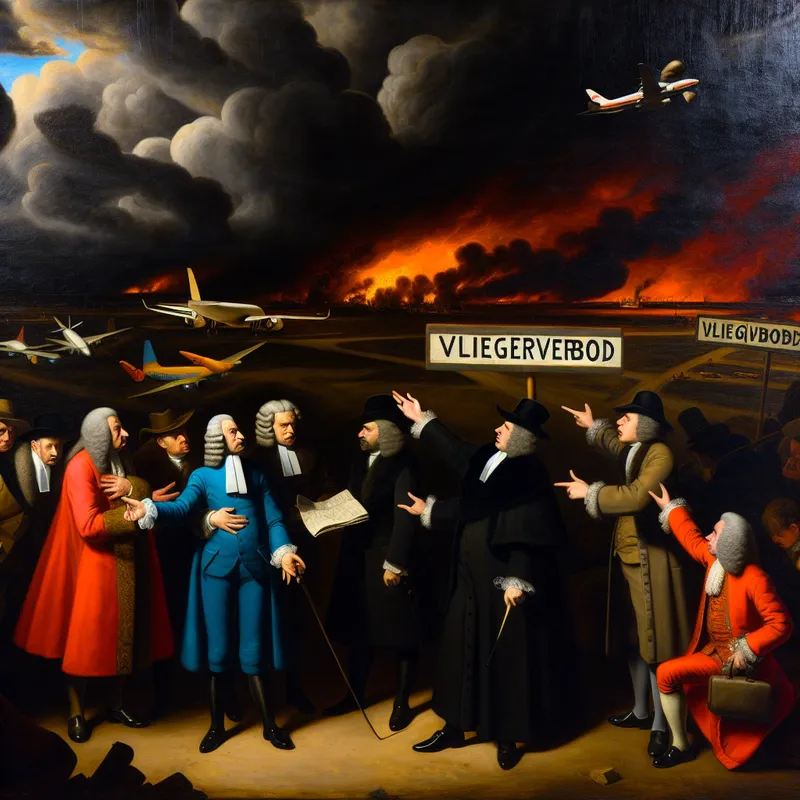 Een groep officials in historische kleding bespreekt een vliegverbod, wijzend naar een kaart met een 'Vliegverbod' signaal, terwijl op de achtergrond grounded vliegtuigen zichtbaar zijn tegen een stormachtige lucht.