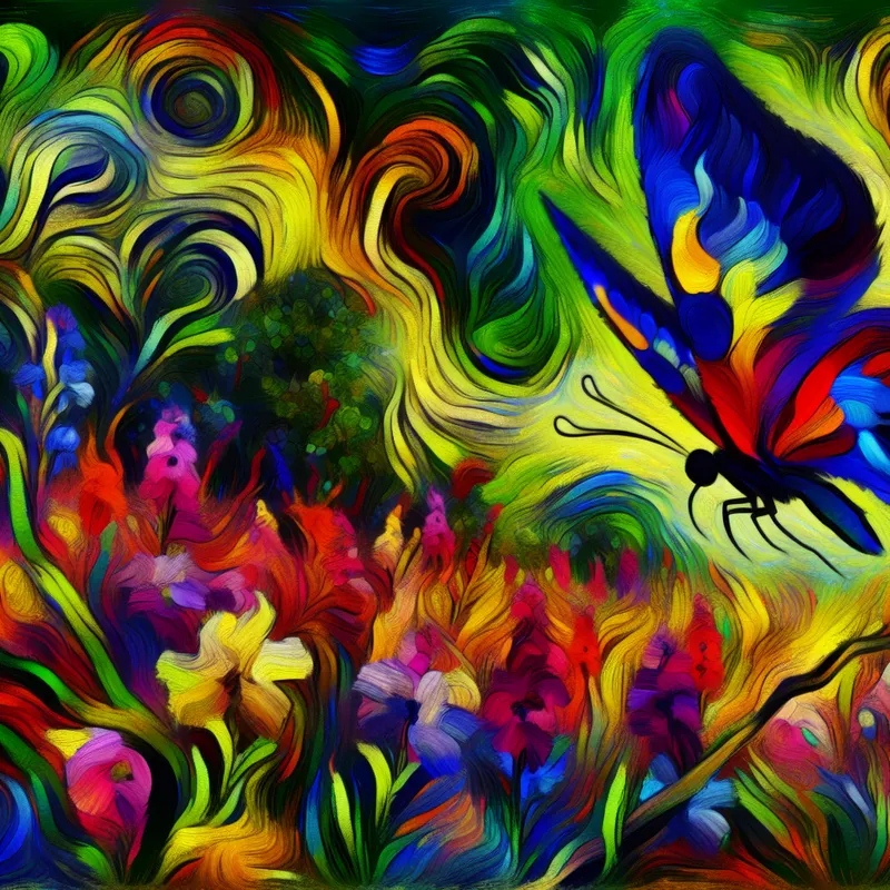Abstract expressionistische afbeelding van een kleurrijke vlinder die door een levendige tuin fladdert, omringd door felle bloemen.