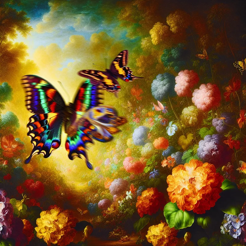 Een prachtige vlinder die elegant vliegt in een kleurrijke tuin vol bloemen.