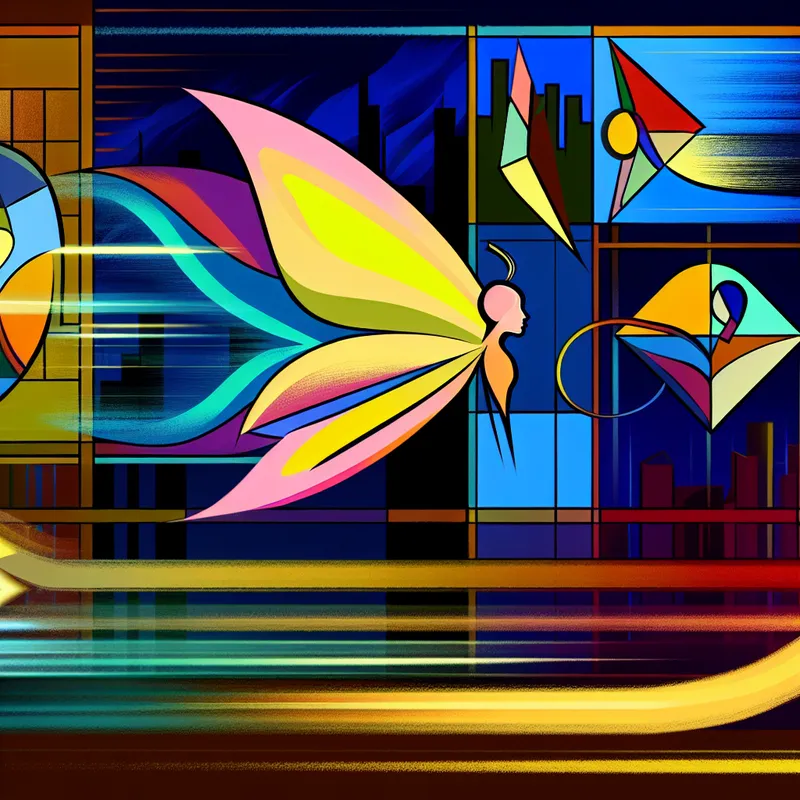 Een kleurrijke vlinder-mens in een stedelijke omgeving, omringd door abstracte geometrische vormen die verschillende romantische ontmoetingen symboliseren.