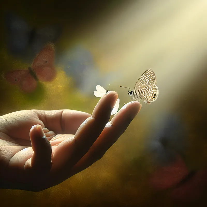 Een kleine, delicate vlinder die voorzichtig op een menselijke hand is neergestreken.