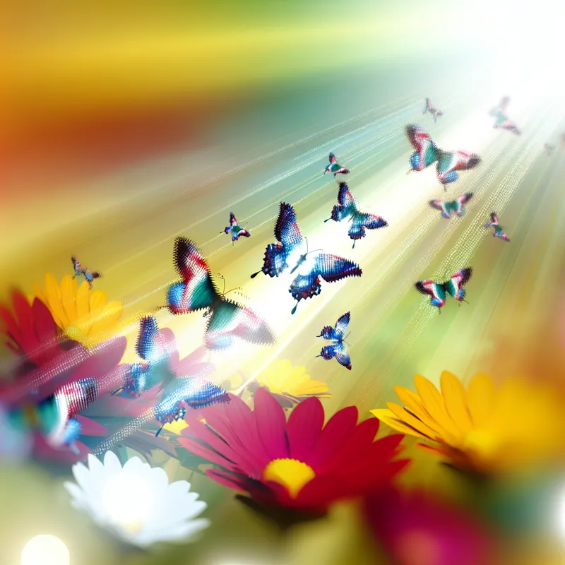 Een kleurrijke vlinder fladdert van bloem naar bloem in de lente, met retro-futuristisch design.