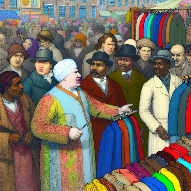 Een vendor met een sluwe uitstraling verkoopt vervalste merkkleding op een vlooienmarkt, omringd door kleurrijke kledingrekken.