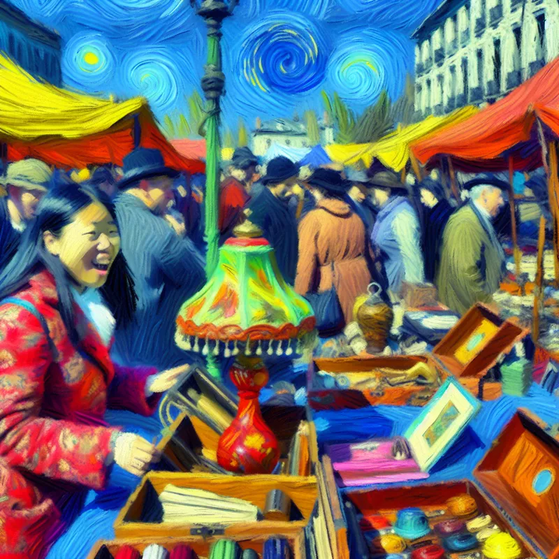 Vrouw die een vintage lamp ontdekt op een drukke vlooienmarkt vol kleurrijke kraampjes