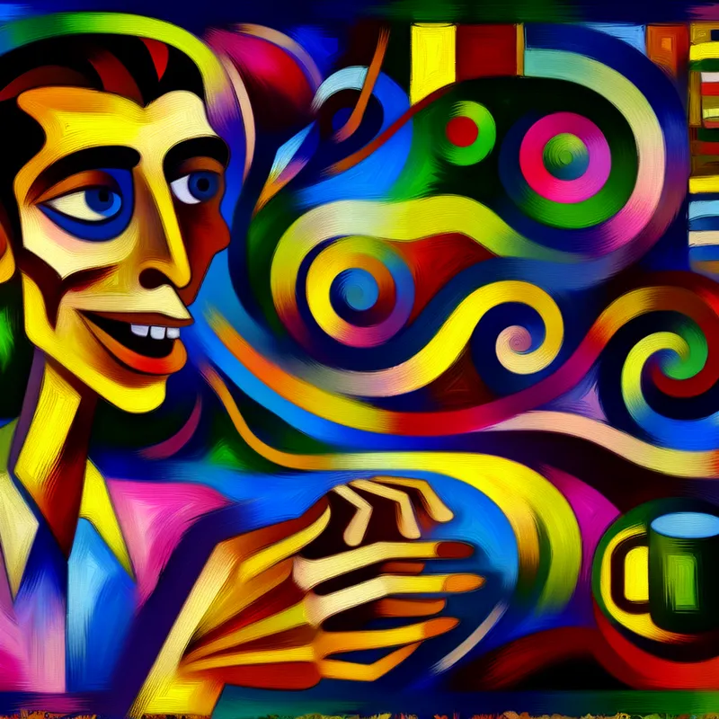 Abstracte voorstelling van een gladde, vlotte praatjesmaker met een sluwe glimlach in een levendige omgeving met kleurrijke vormen.