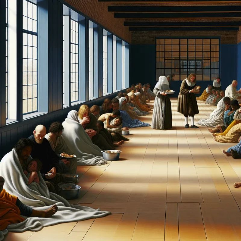 Gedetailleerde schilderij in de stijl van Gerard ter Borch van vrijwilligers die vluchtelingenkinderen en volwassenen verzorgen met voedsel, dekens en troost in een tijdelijk onderkomen
