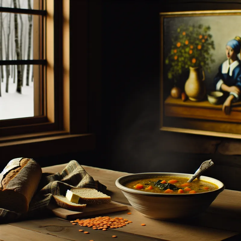 Een kom dampende linzensoep met groenten, op een houten tafel in een gezellige keuken met sneeuw buiten.