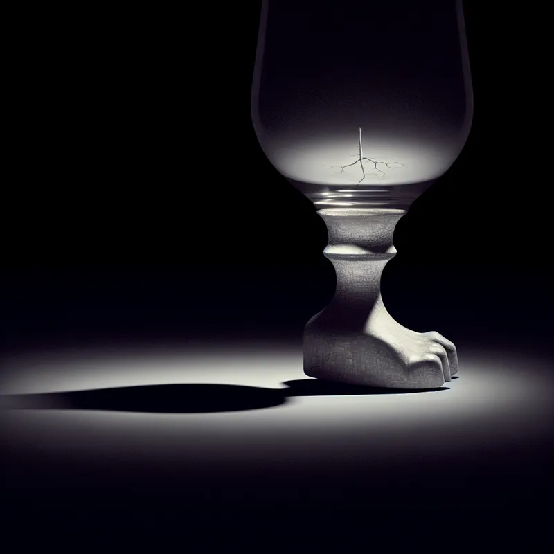 Hyperrealistisch surrealistisch beeld van de voet van een wijnglas met een zichtbare barst, geïsoleerd op een donkere achtergrond
