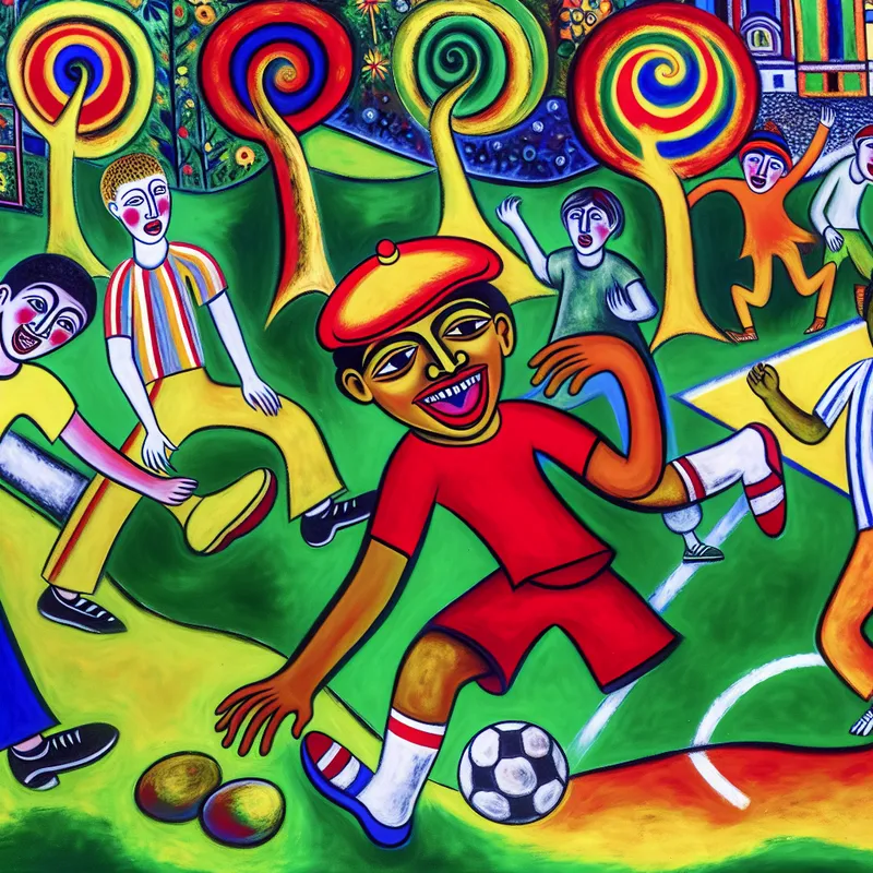 Vier verschillende tieners spelen enthousiast voetbal in een levendig park, met een jongen in een rode pet die de bal dribbelt.